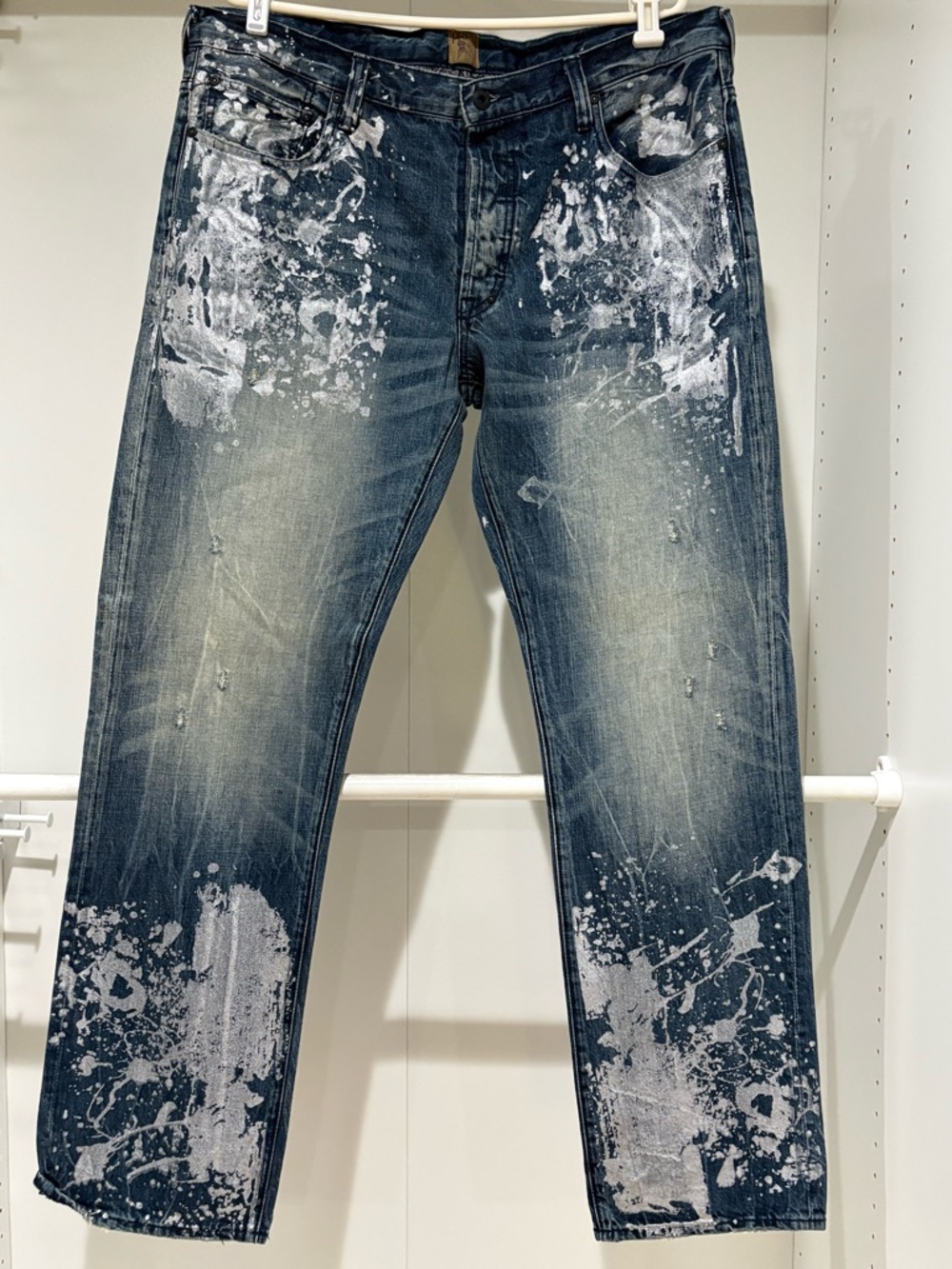PRPS Demon Men's Blue Denim Straight Jeans Silver Paint-Splatter Barracuda 38x34